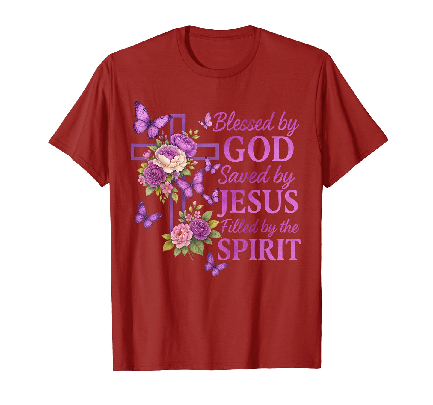 Blessed by God Saved by Jesus Purple Floral Cross Christian T-Shirt