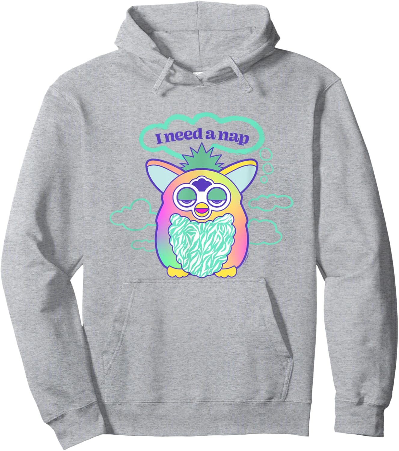 Furby I Need A Nap Sleepy Frog Furby Retro Big Chest Logo Hoodie - Hoodie | Ash