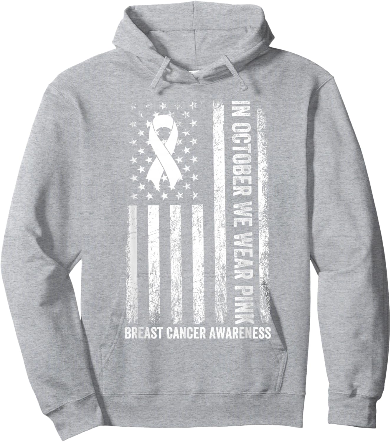 In October We Wear Pink USA Flag Breast Cancer Awareness Hoodie - Hoodie | Ash