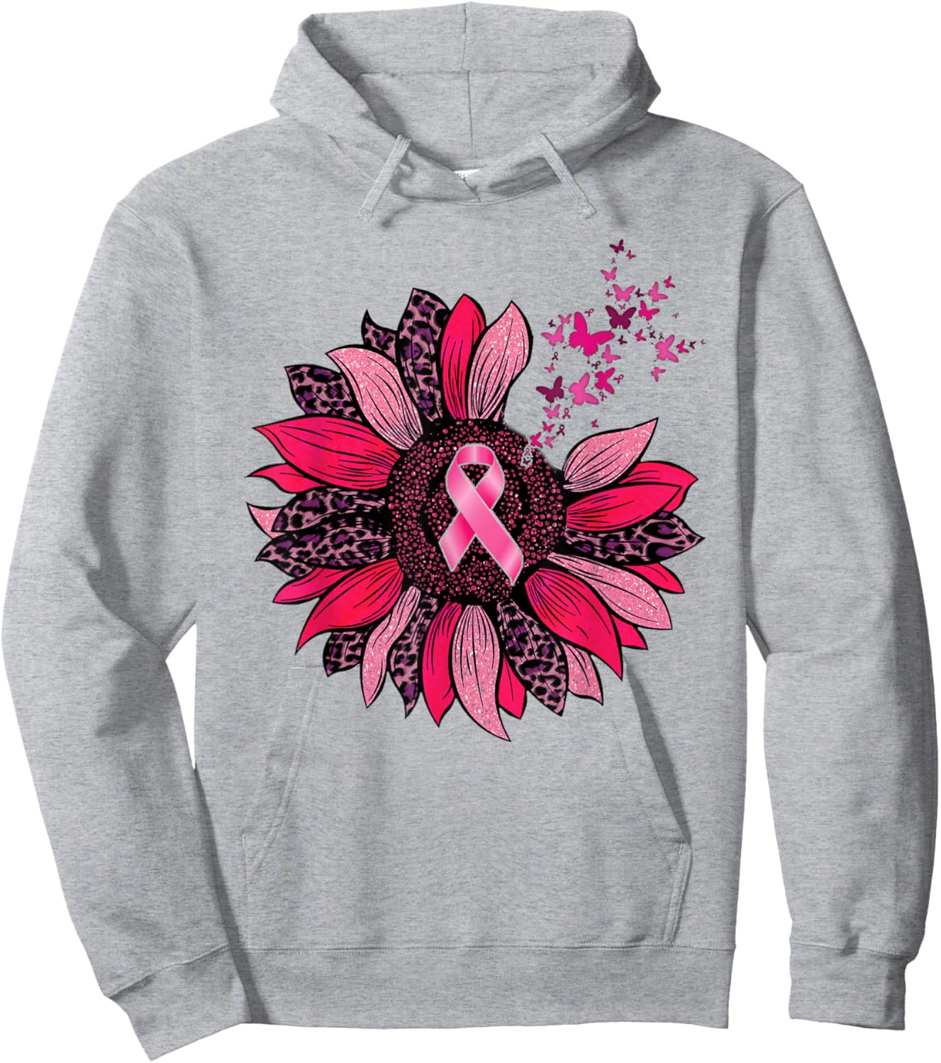 Breast Cancer Awareness Butterfly Sunflower Pink Ribbon Hoodie - Hoodie | Ash
