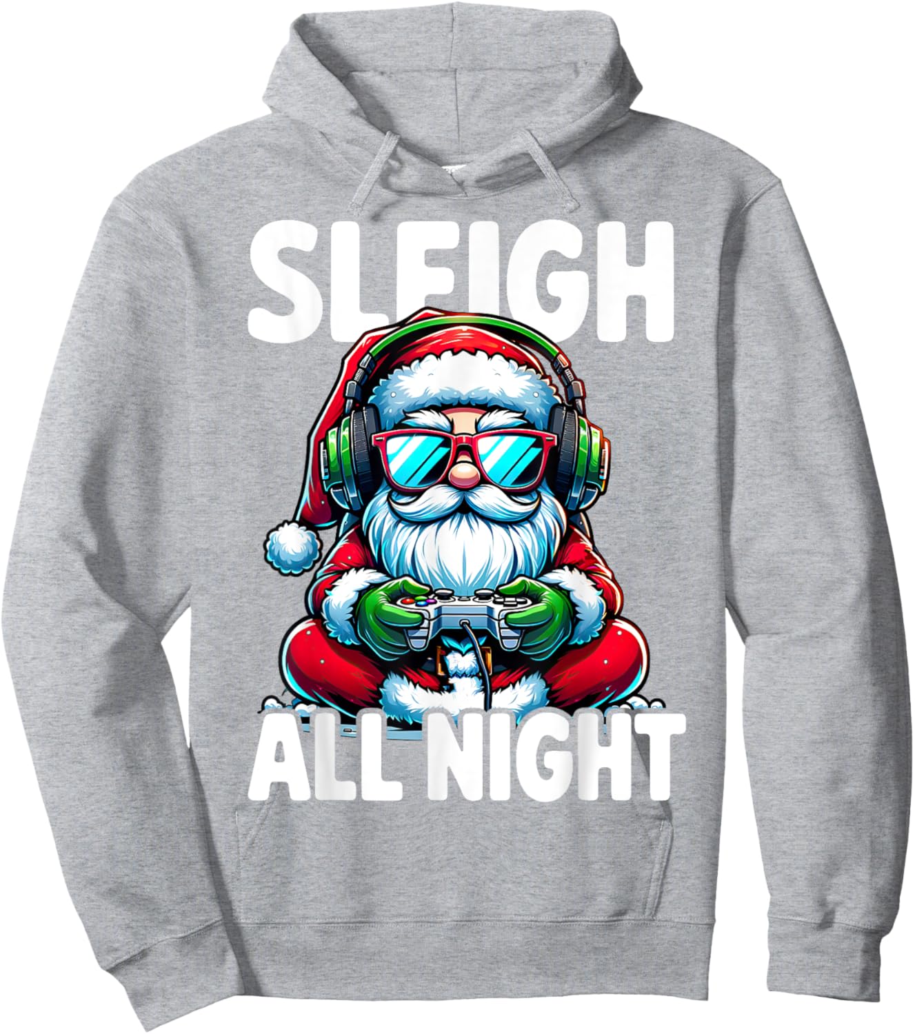 Christmas Gamer Boys Sleigh All Night Video Game Santa Xmas Hoodie - Hoodie | Ash