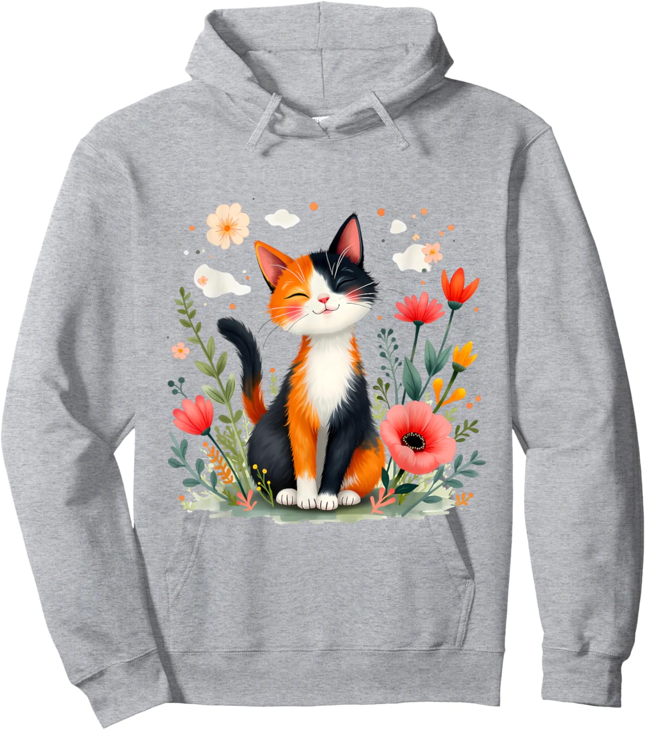 Smiling Calico Cat Cute Floral Kitten Cartoon Kitty Outdoors Hoodie - Hoodie | Ash