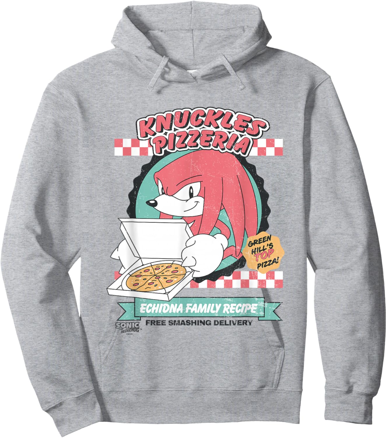 Sonic The Hedgehog Knuckles Pizzeria Top Pizza Vintage Ad Hoodie - Hoodie | Ash