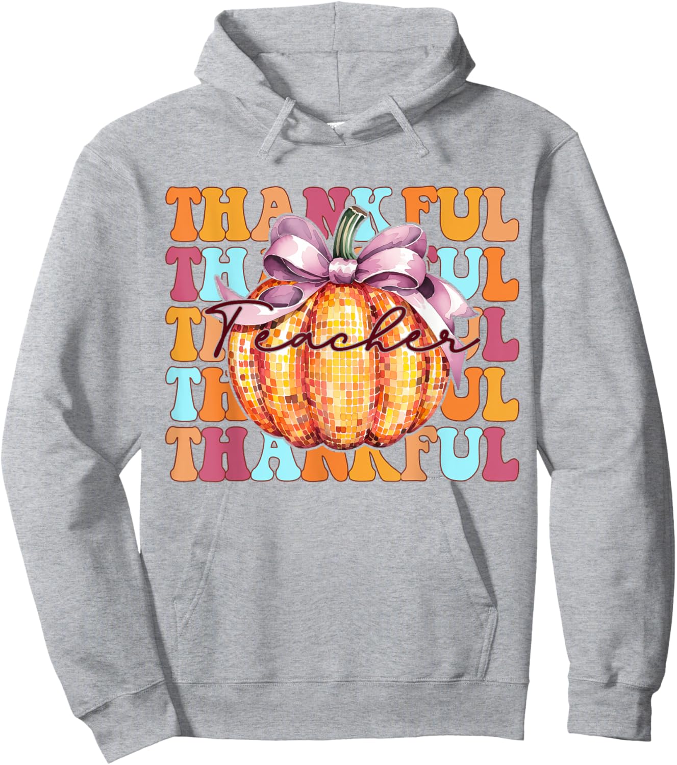 Retro Groovy Coquette Pumpkin Fall Thanksgiving Teacher Hoodie - Hoodie | Ash