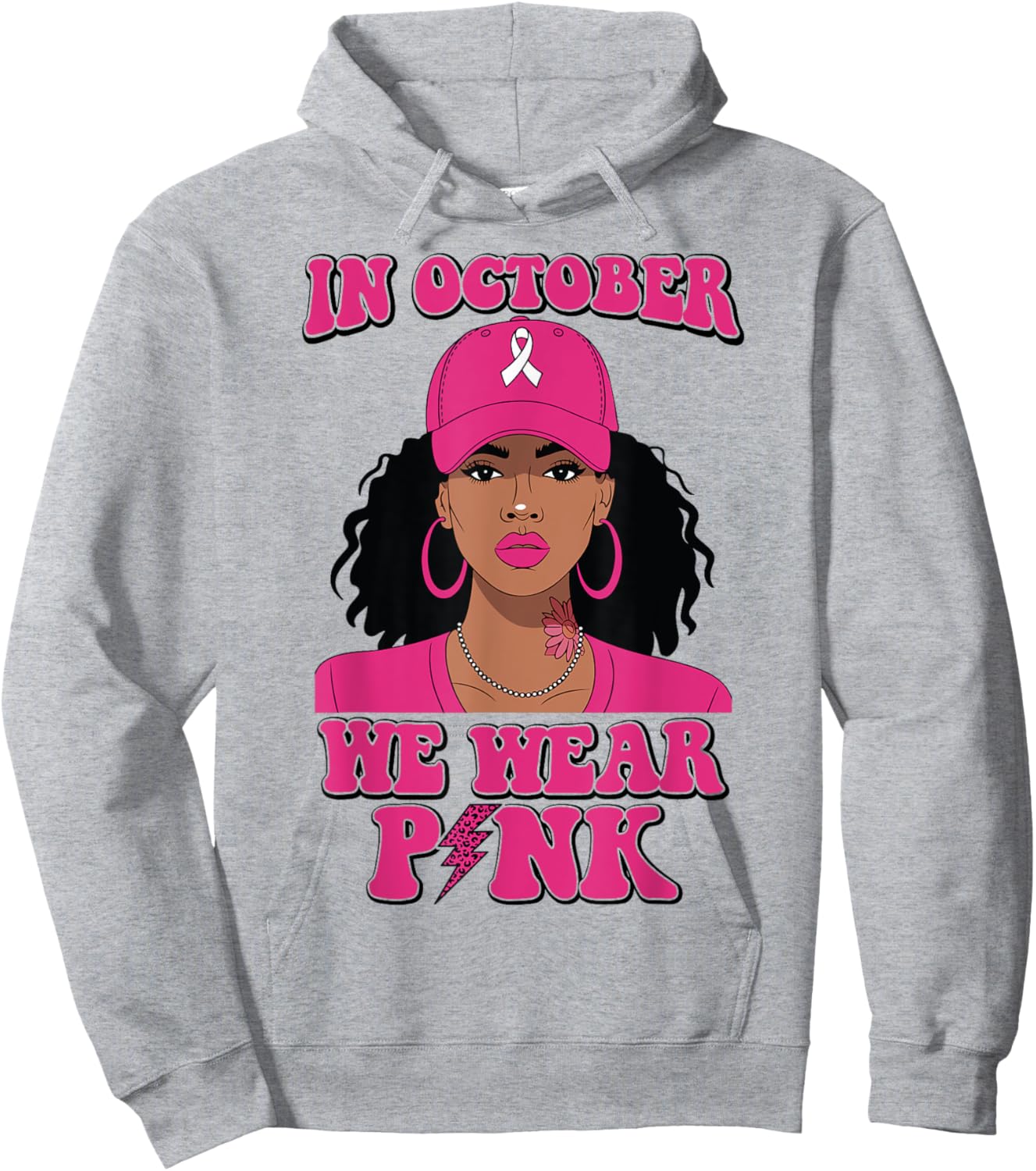 Black Woman In October We Wear Pink Breast Cancer Awareness Hoodie - Hoodie | Ash