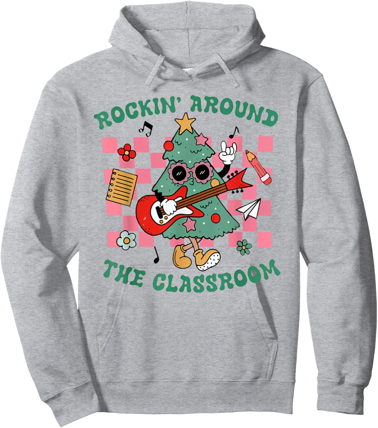 Retro Groovy Teacher Christmas Rockin' Around The Classroom Hoodie - Hoodie | Ash