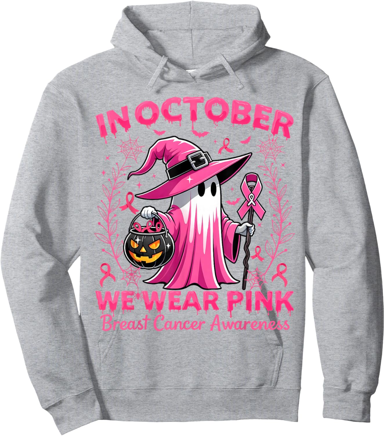 In October We Wear Pink Breast Cancer Awareness Halloween Hoodie - Hoodie | Ash