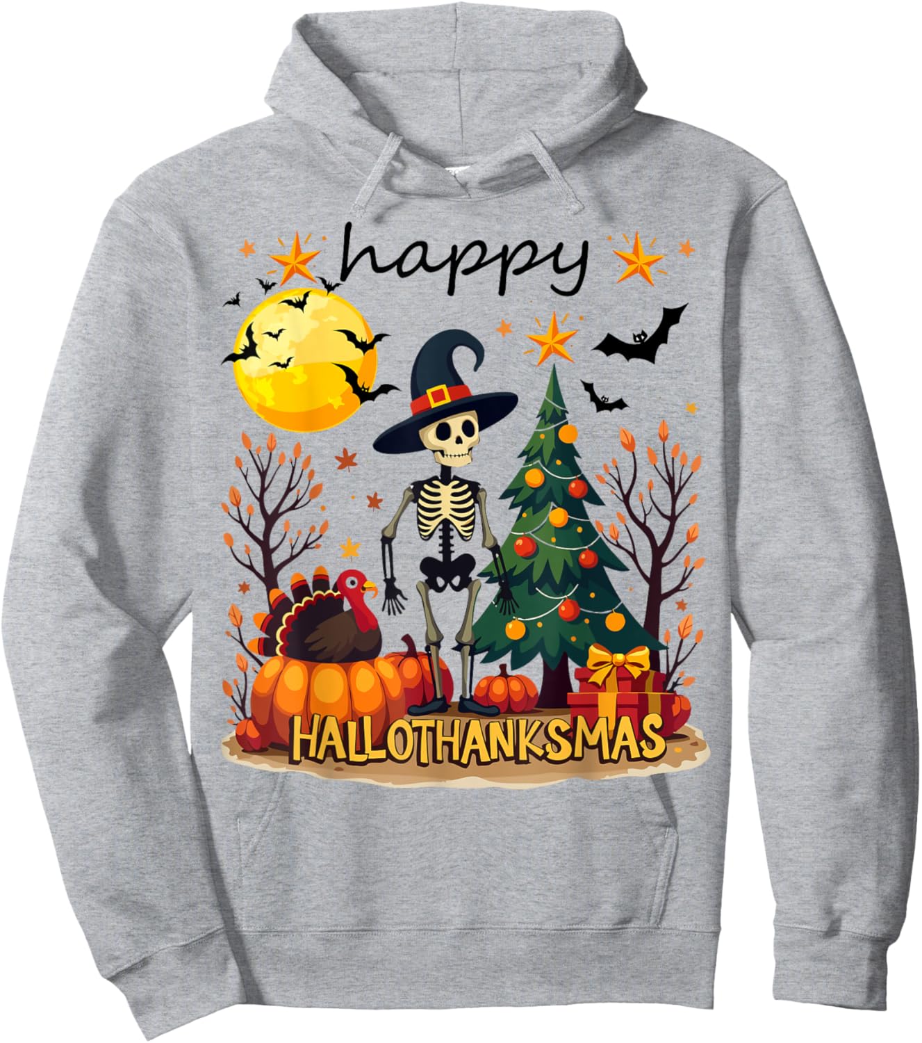 Happy Hallothanksmas Funny Halloween Christmas Hoodie - Hoodie | Ash
