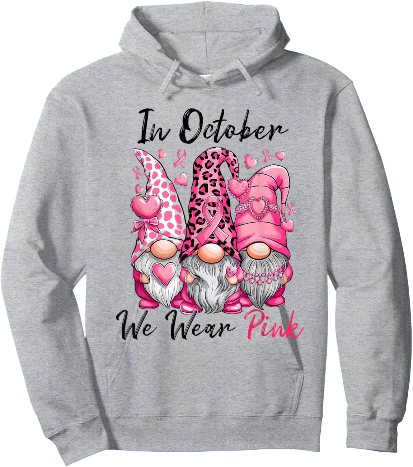 In October We Wear Pink Cute Gnomes Breast Cancer Awareness Hoodie - Hoodie | Ash