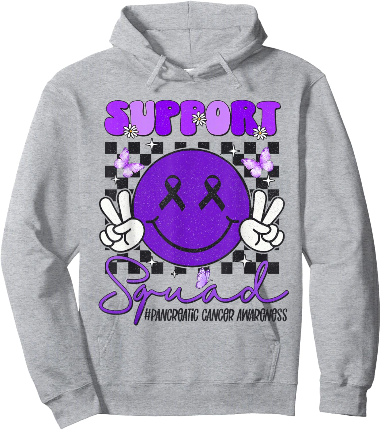 Support Pancreatic Cancer Awareness Smile Face Purple Ribbon Hoodie - Hoodie | Ash