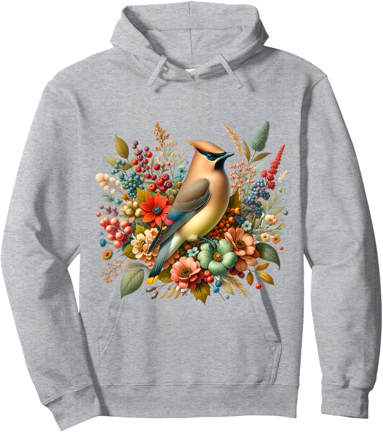 Cedar Waxwing Vintage Floral Autumn Bird Hoodie - Hoodie | Ash