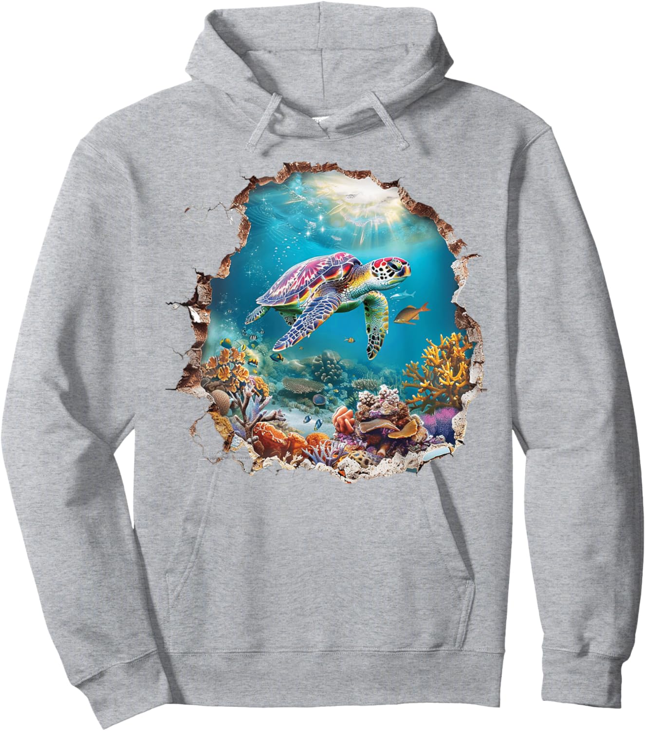 A 3D Hole In The Wall With A Turtle Swimming In A Sea Hoodie - Hoodie | Ash
