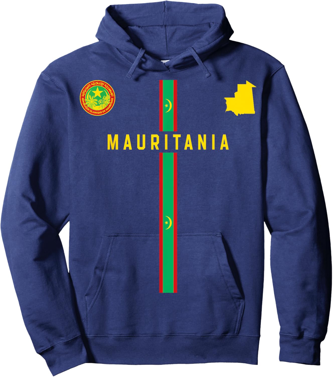 Mauritania Flag, Silhouette map of Mauritania, Coat of arms Hoodie - Hoodie | Navy