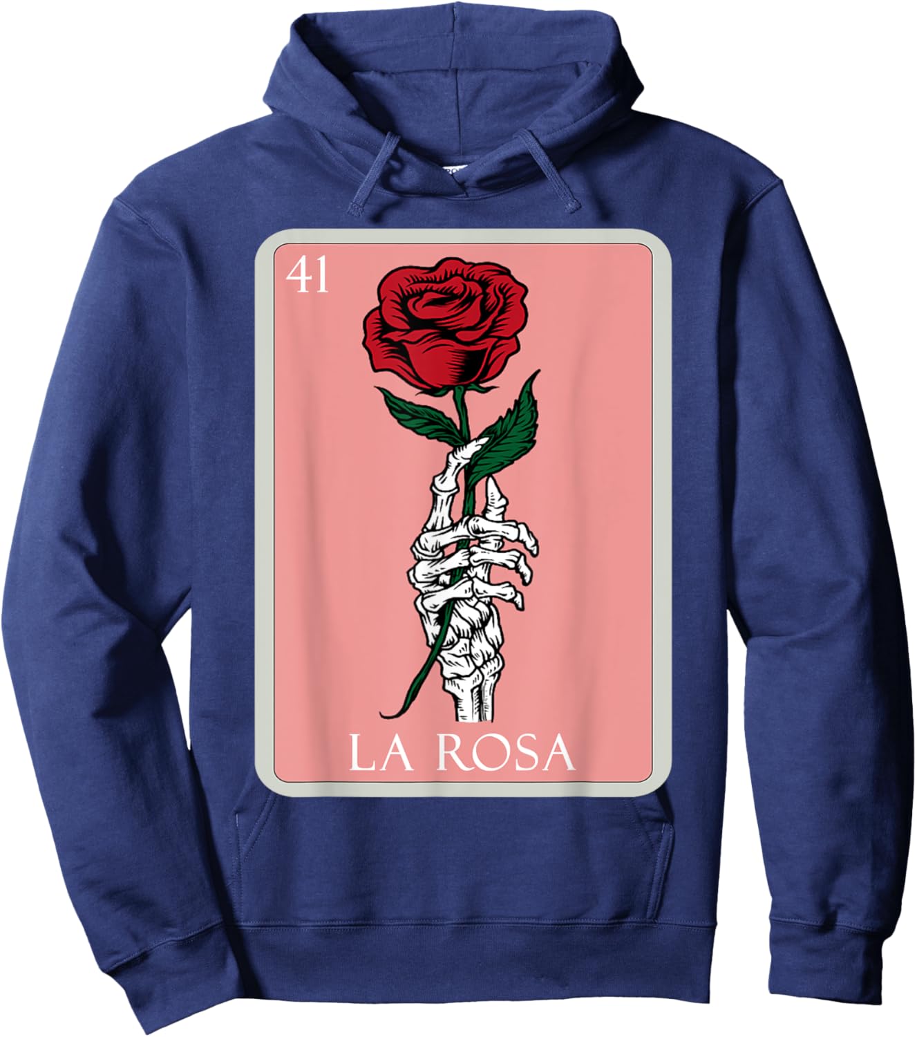 La Rosa Skeleton Hand Red Rose Mexican Bingo Lottery Card Hoodie - Hoodie | Navy