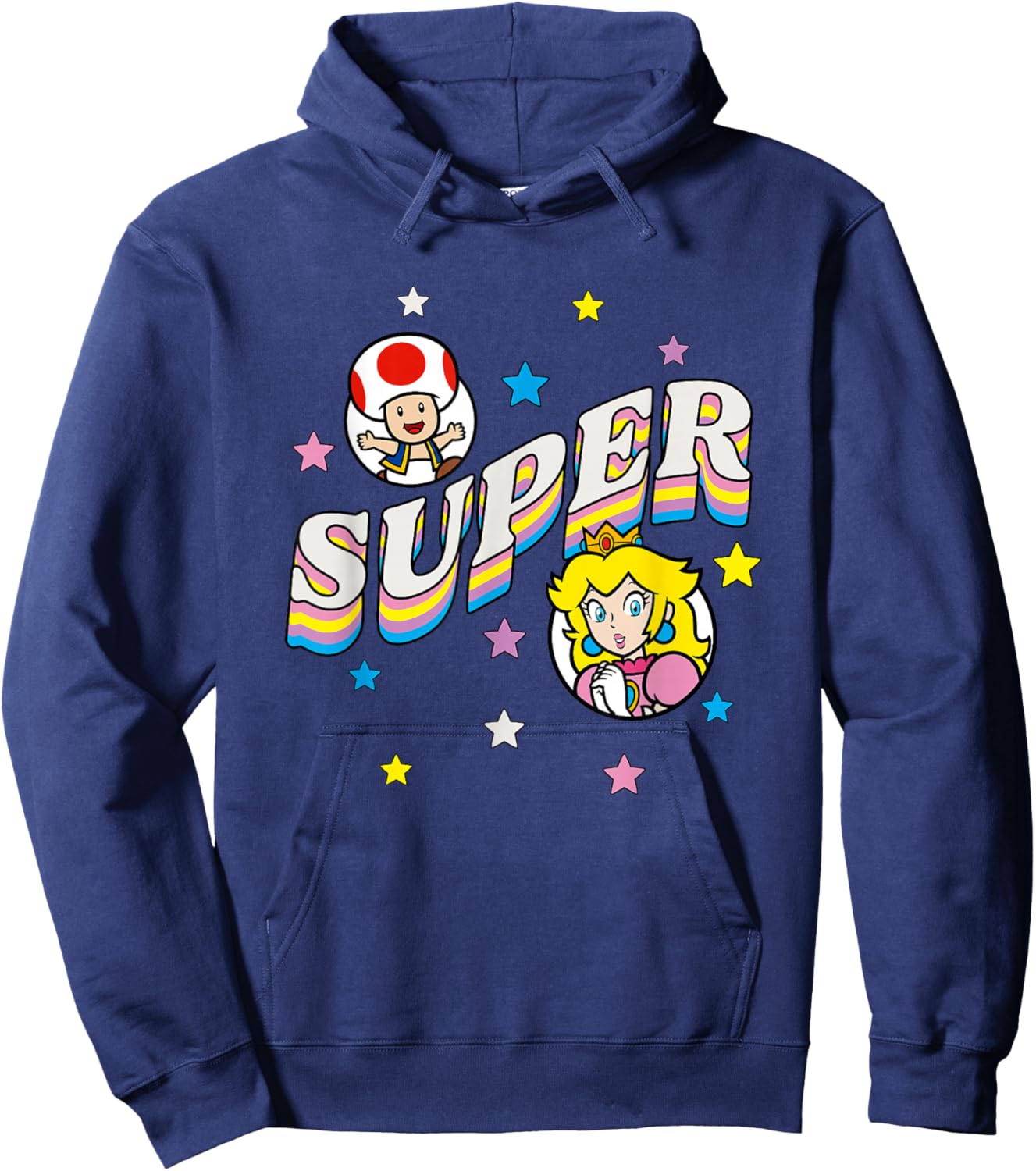 Super Mario Bros Princess Peach & Toad Super Star Text Hoodie - Hoodie | Navy