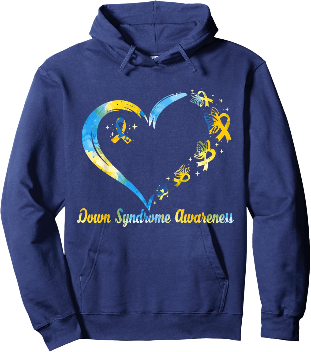 Rainbow Heart Down Syndrome Awareness Blue Yellow Ribbon Hoodie - Hoodie | Navy