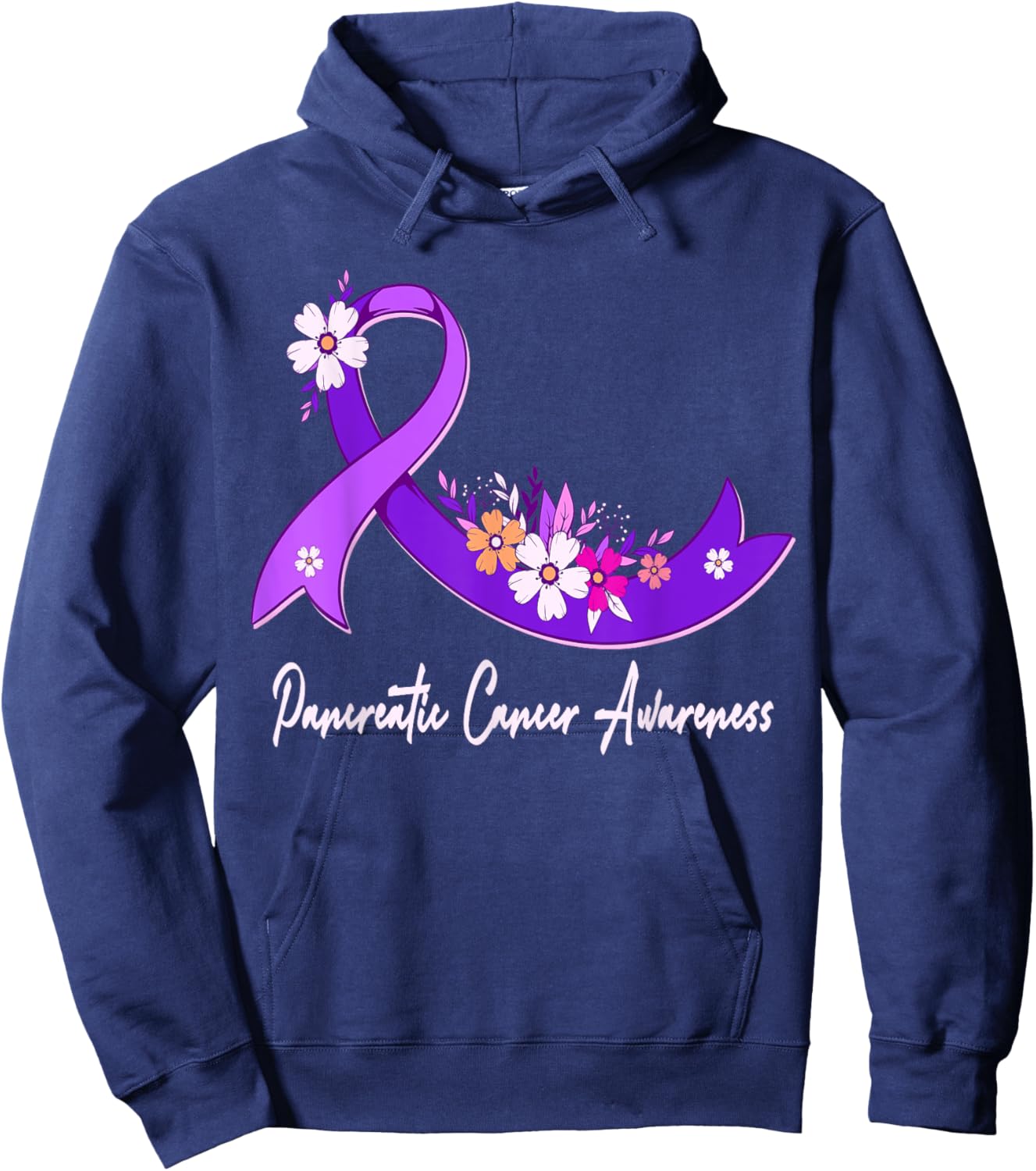 Pancreatic Cancer Awareness Floral Purple Ribbon Support Hoodie - Hoodie | Navy