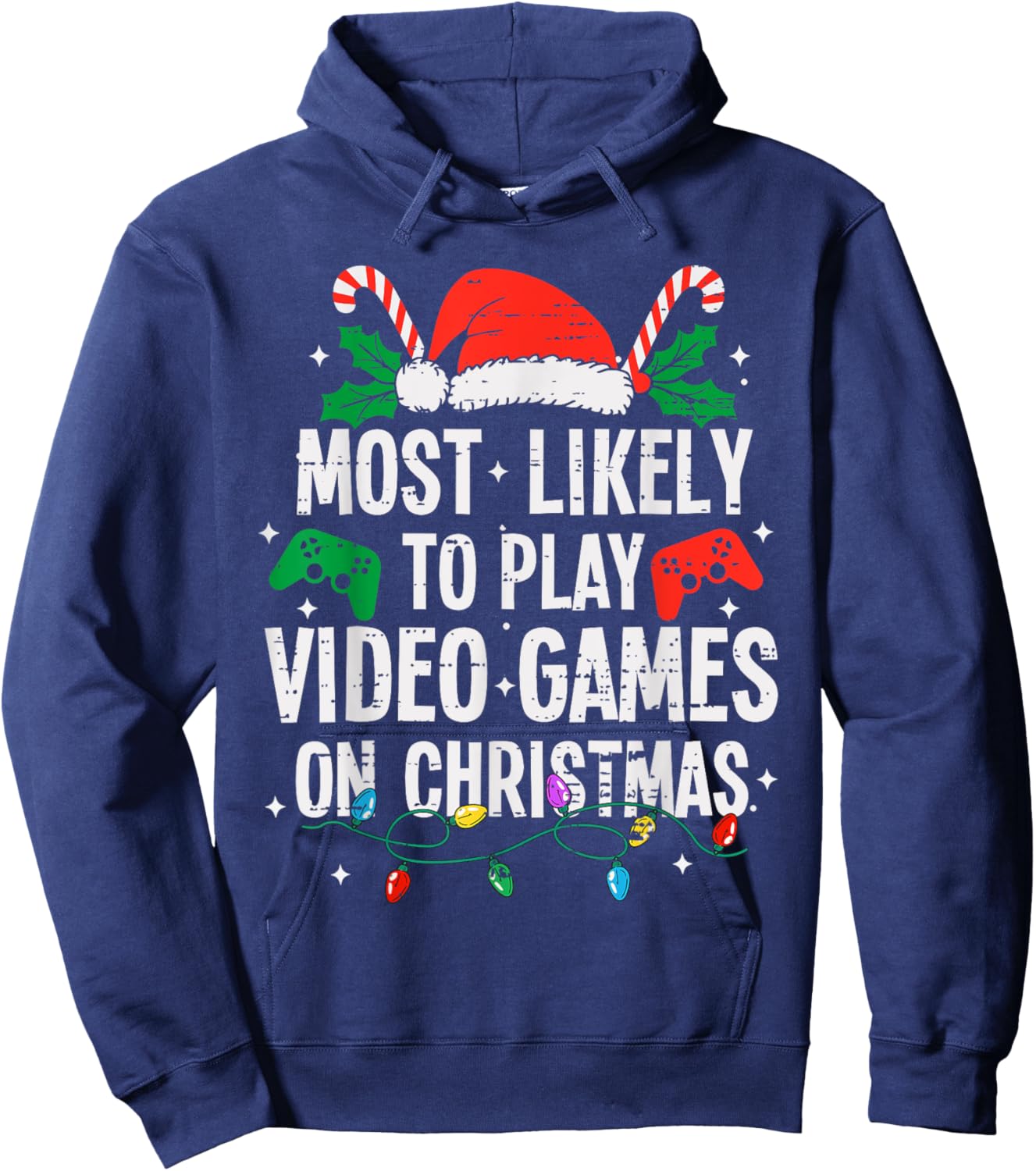Funny Most Likely Family Christmas Pajama Outfit - -Family Christmas Video Game - Black, Small Hoodie - Hoodie | Navy