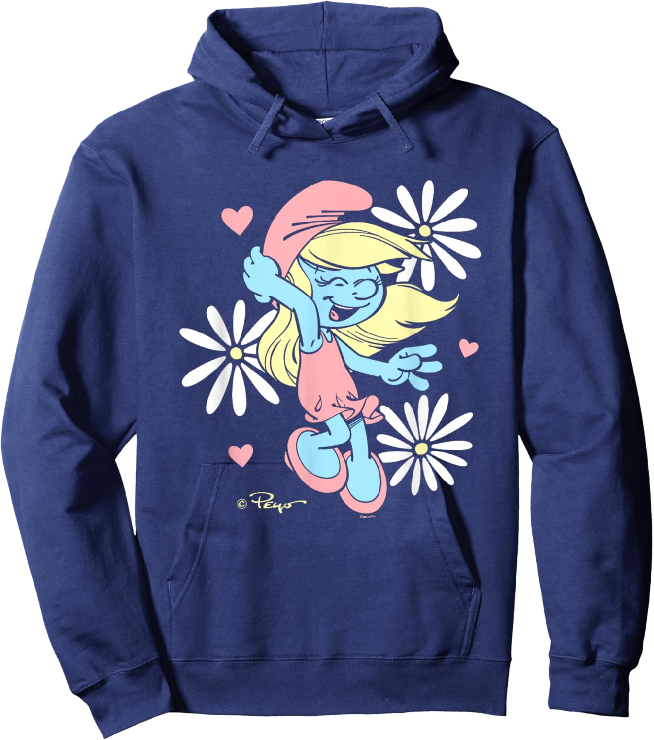 The Smurfs Cute Daisy Smurf Smurfette Retro Big Chest Logo Hoodie - Hoodie | Navy
