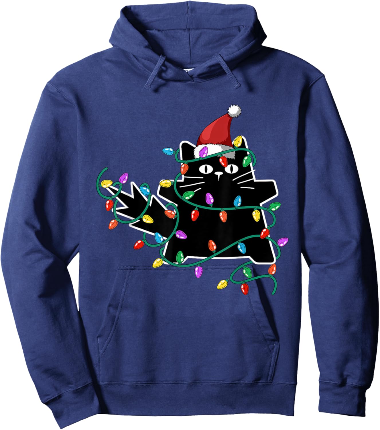 Black Cat Christmas Tree Lights Funny Santa Kitten Hoodie - Hoodie | Navy