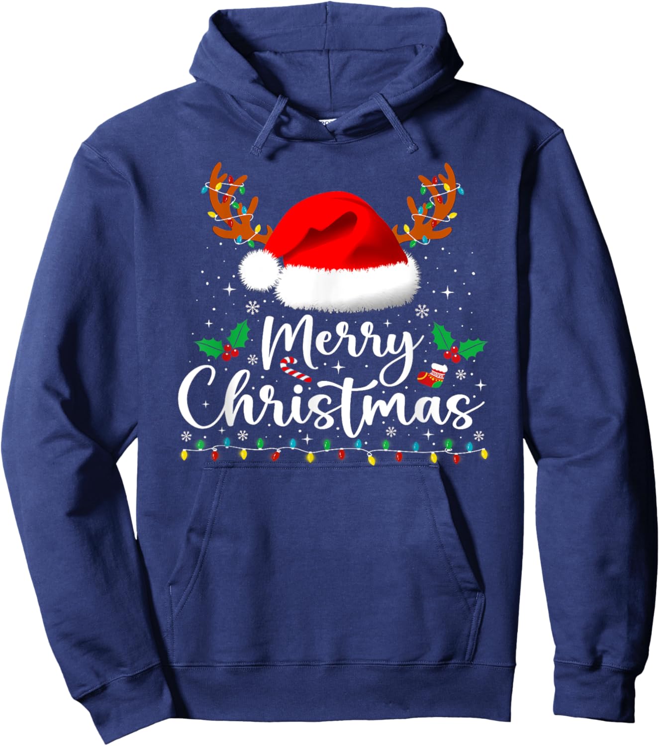 Merry Christmas Reindeer Funny Family Men Women Xmas Lights Hoodie - Hoodie | Navy