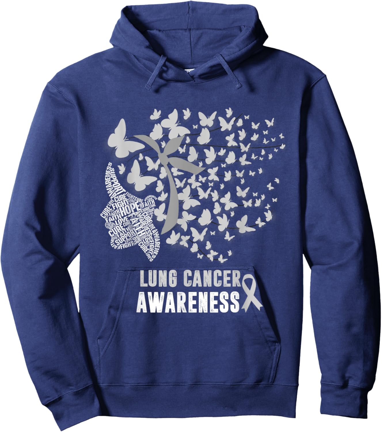 Lung Cancer Awareness Messy Butterfly White Ribbon Hoodie - Hoodie | Navy