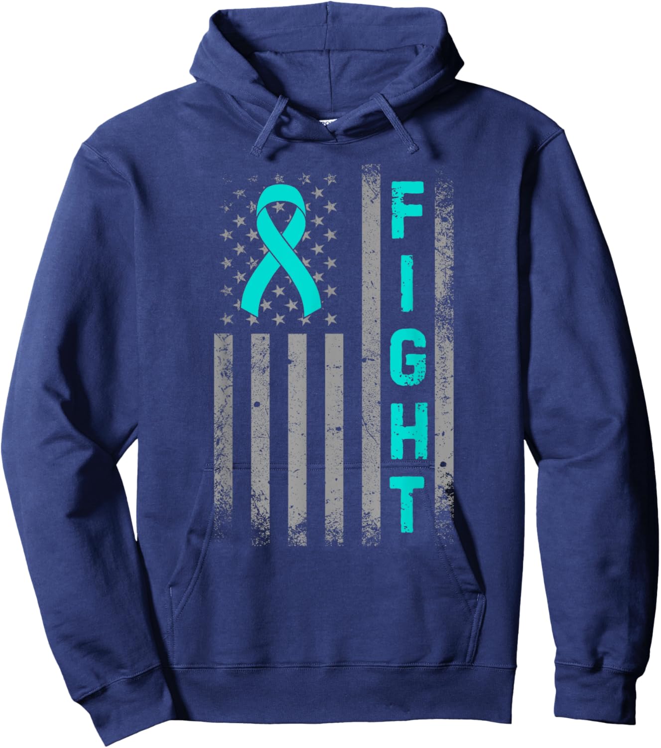 Fight Ovarian Cancer Awareness American US Flag Teal Ribbon Hoodie - Hoodie | Navy