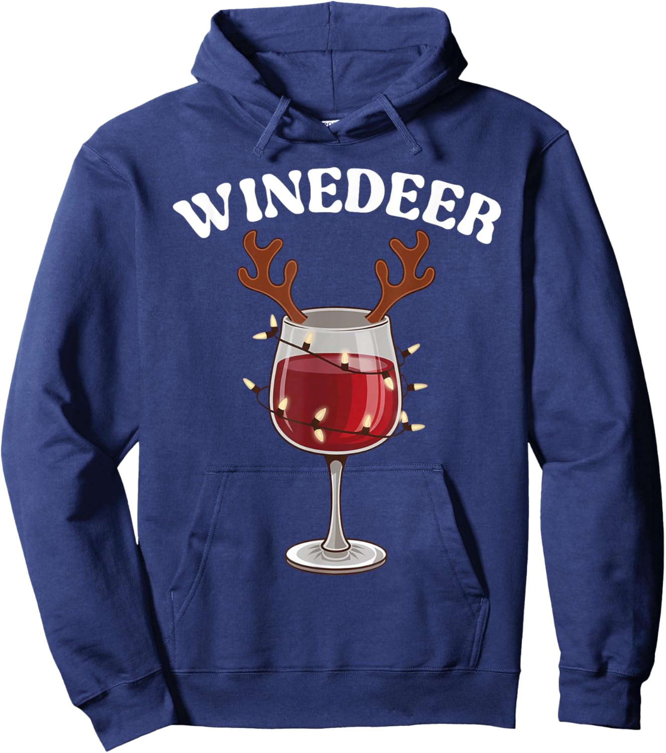 Funny Winedeer Reindeer Hat Santa Antlers Wine Glass Lights Hoodie - Hoodie | Navy