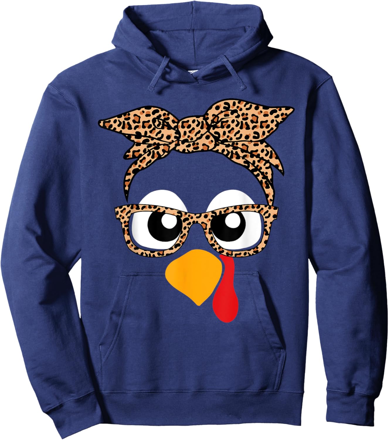 Turkey Face Leopard Headband Thanksgiving Pilgrim Hoodie - Hoodie | Navy
