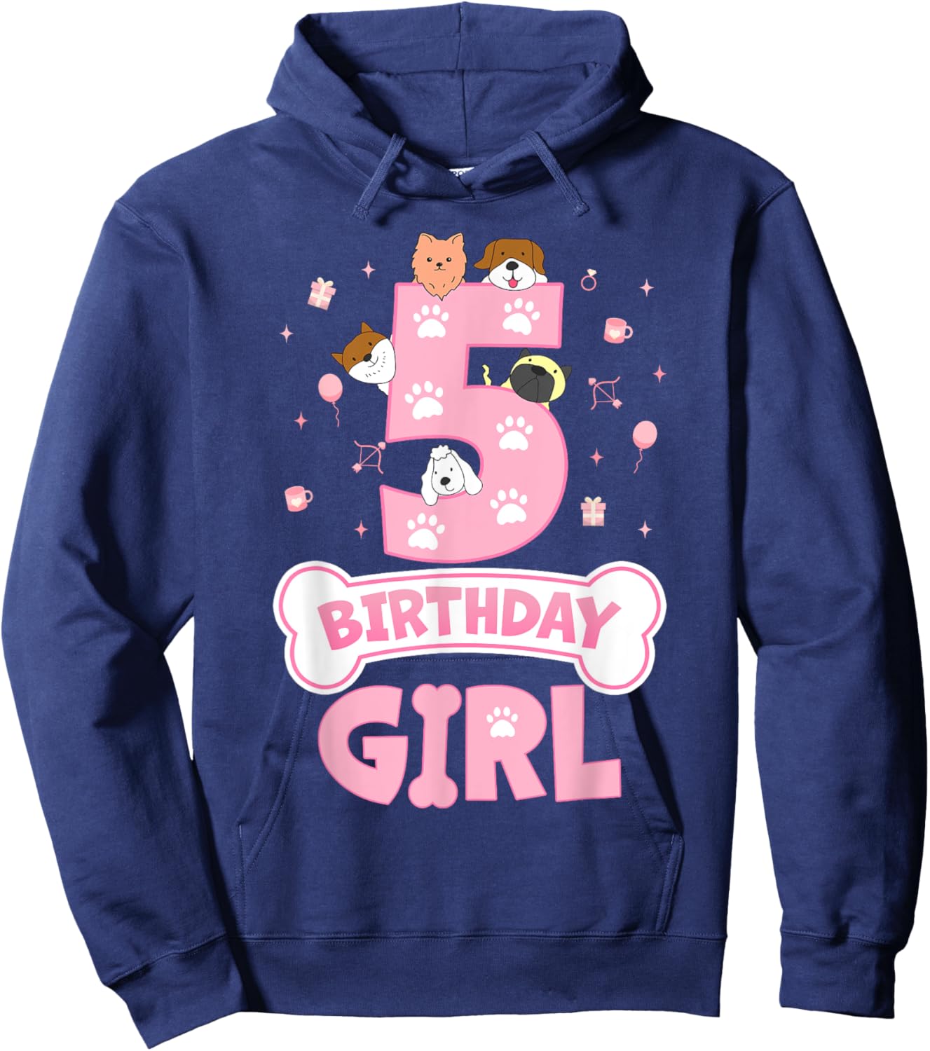 5th Birthday Girl Dog Themed Party 5 Year Old Girl Dog Lover Hoodie - Hoodie | Navy