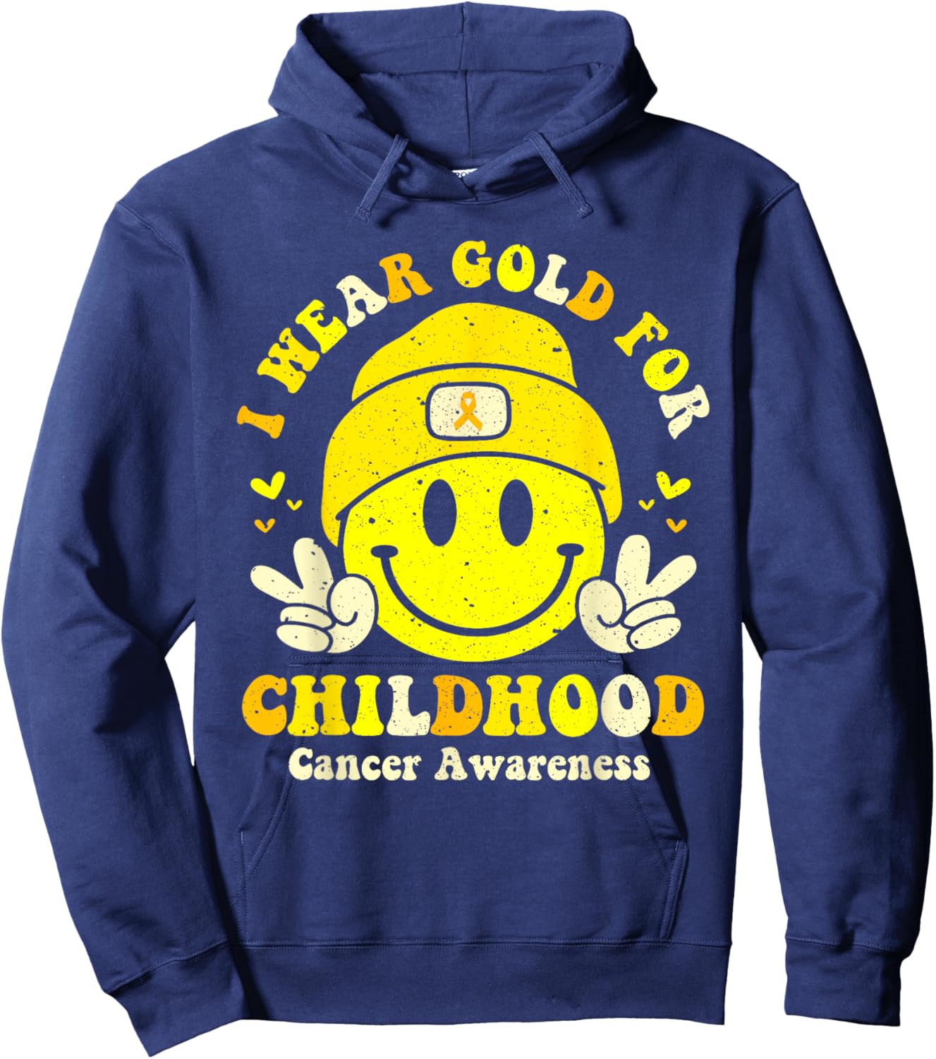 Retro I Wear Gold For Childhood Cancer Awareness Gold Ribbon Hoodie - Hoodie | Navy