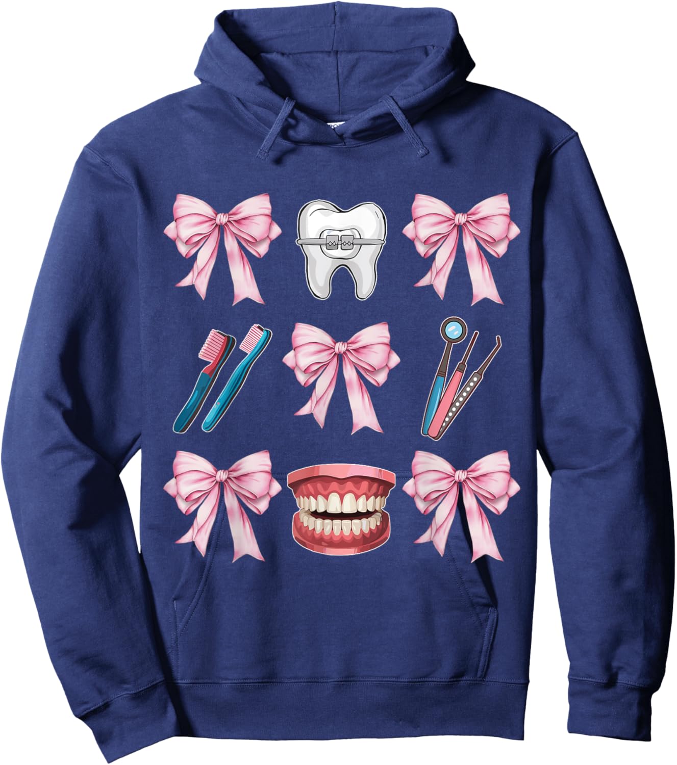 Cute Pink Coquette Bow Dentist Squad Teeth Dental Assistant Hoodie - Hoodie | Navy