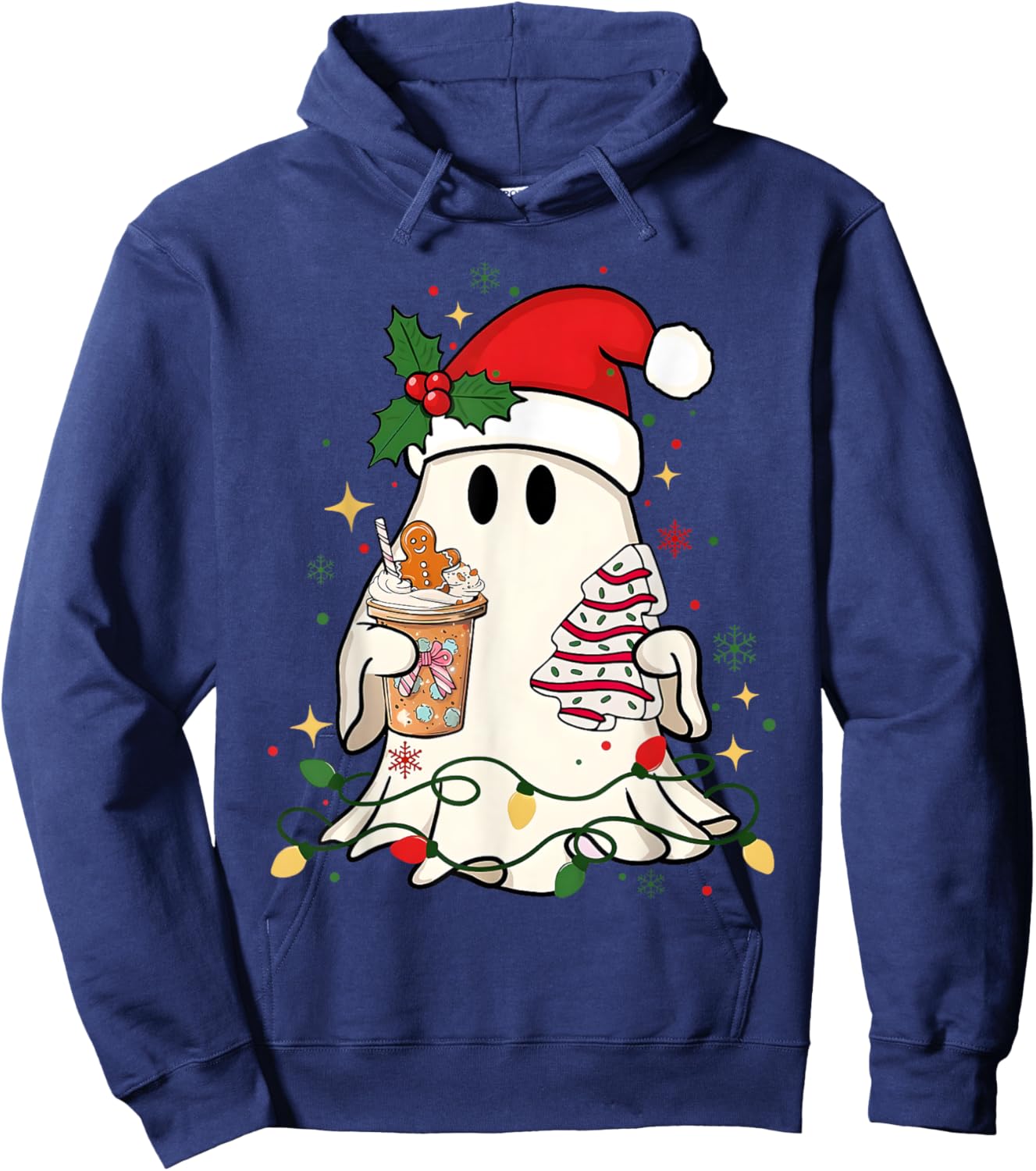 Cute Christmas Ghost Coffee Tree Cake Xmas Lights Boojee Hoodie - Hoodie | Navy