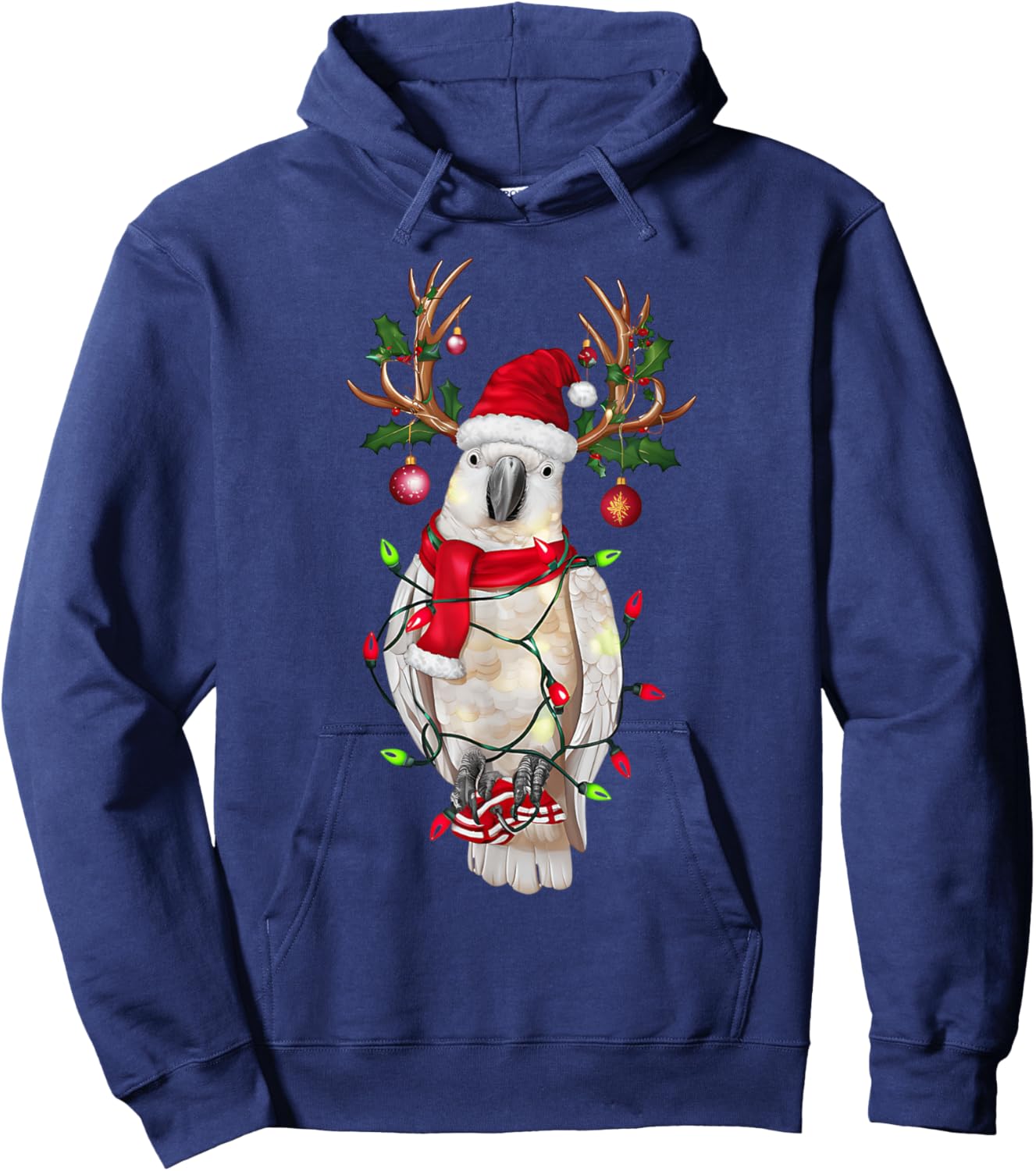 Funny Cockatoo Reindeer Christmas Tree Light Xmas - Black, -Adults & Kids, Short Sleeve, , Size Small Hoodie - Hoodie | Navy