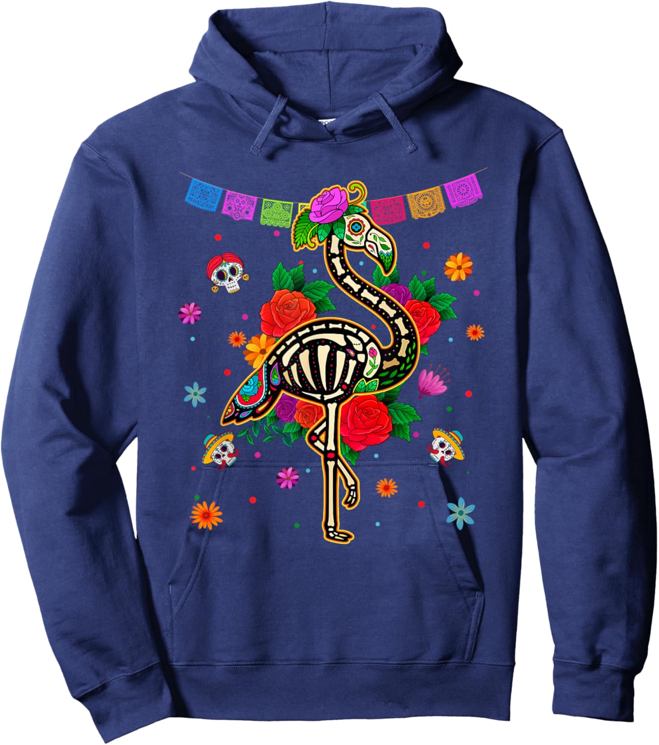 Sugar Skull Pink Flamingo Flowers Dia de Muertos Halloween Hoodie - Hoodie | Navy
