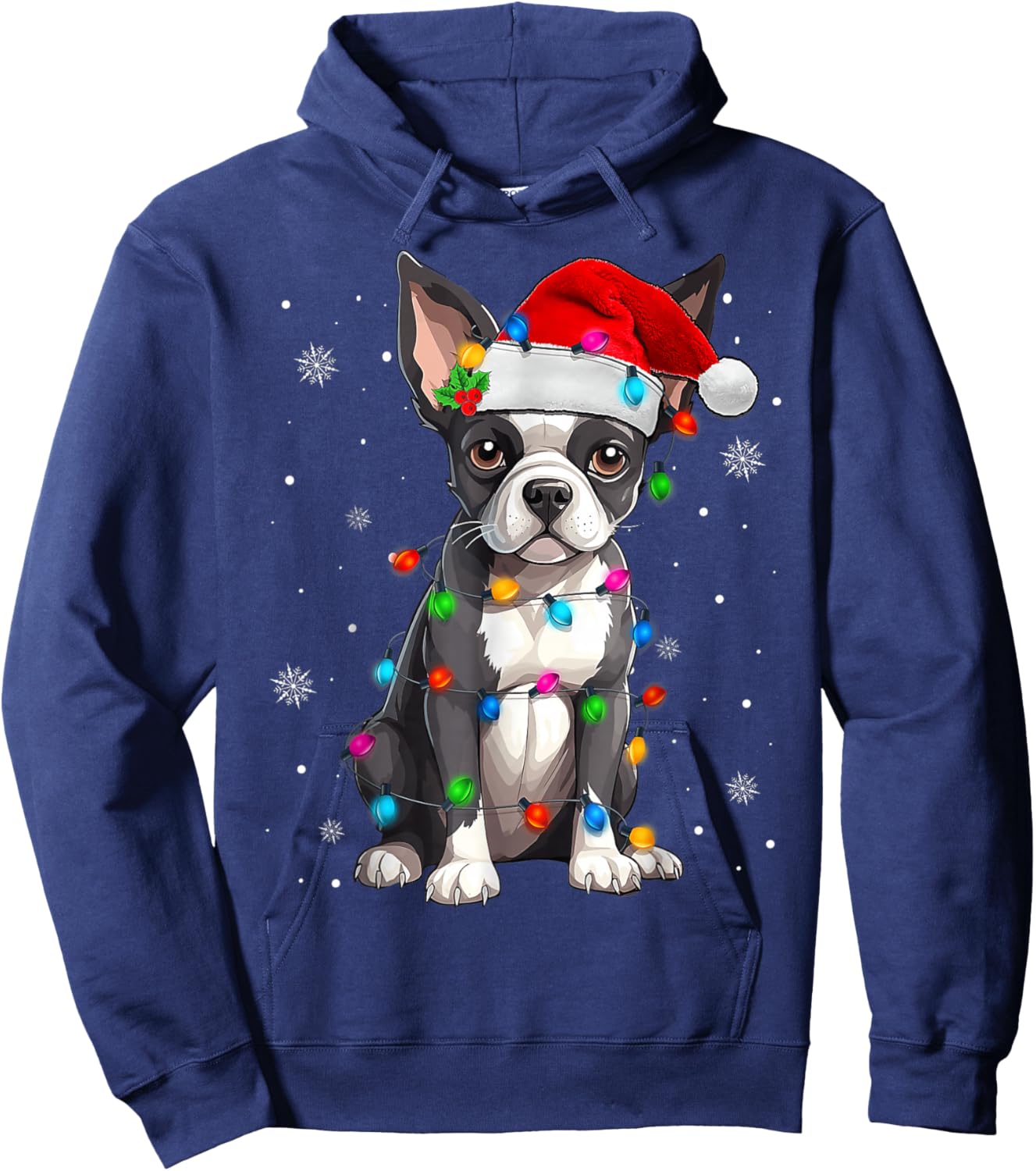 Boston Terrier Christmas Santa Hat Tree Lights Pajama Hoodie - Hoodie | Navy
