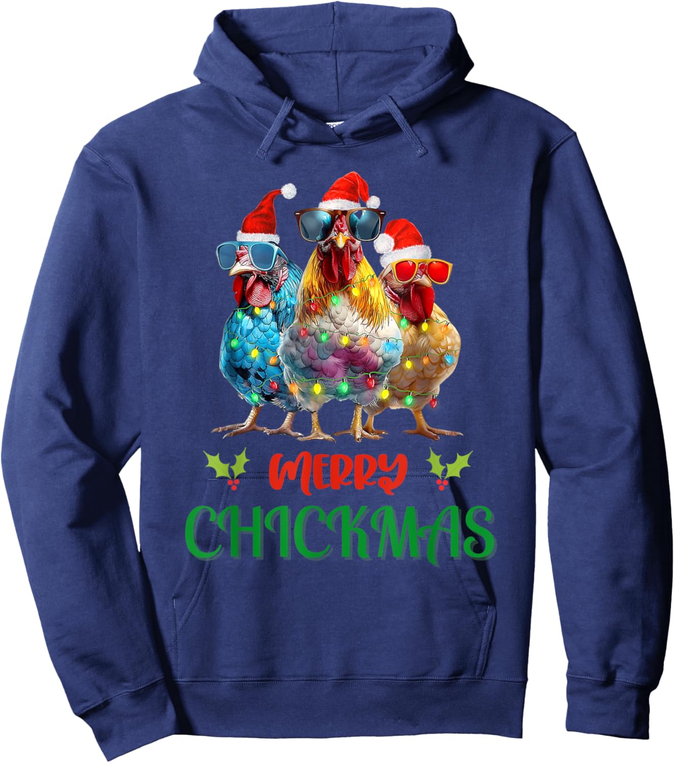 Merry Chickmas Ornament Lights Chicken Farmer Christmas Hoodie - Hoodie | Navy