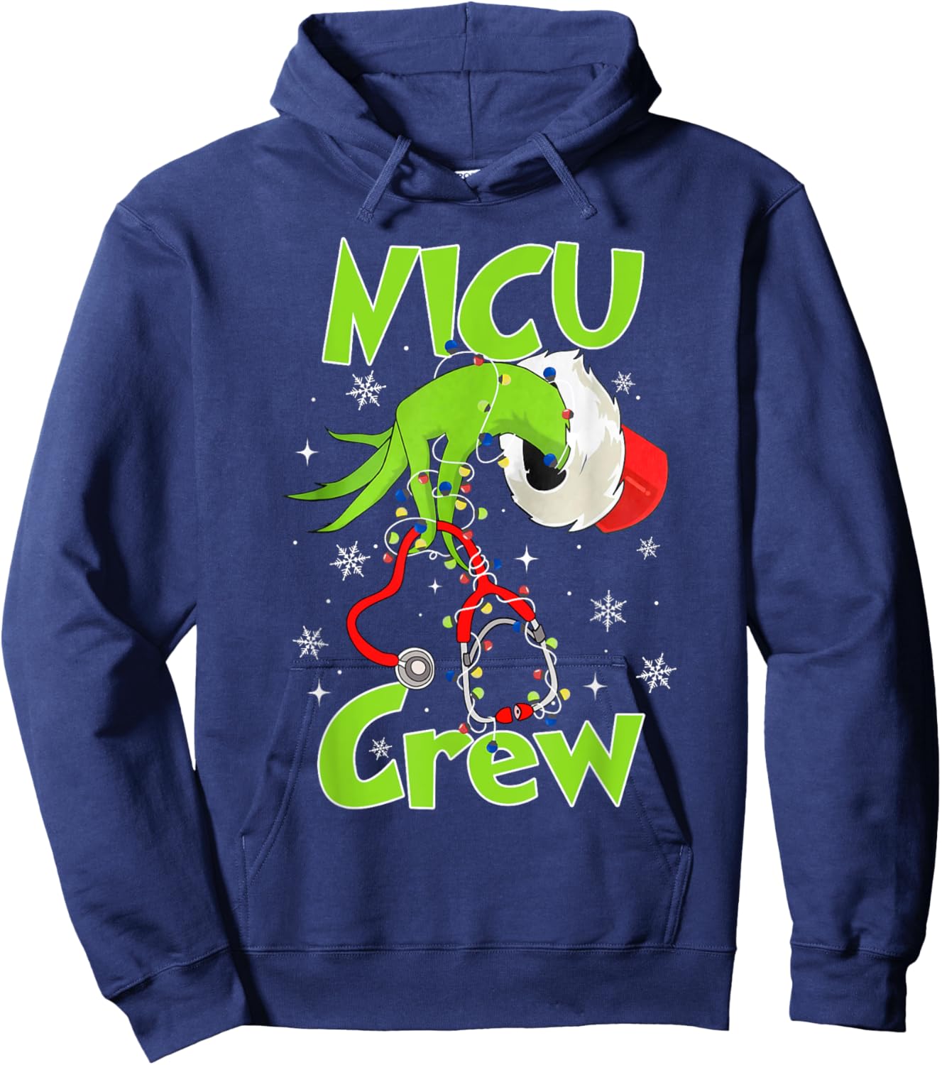 Nurse Christmas Stethoscope NICU Crew Xmas Lights Pajamas Hoodie - Hoodie | Navy