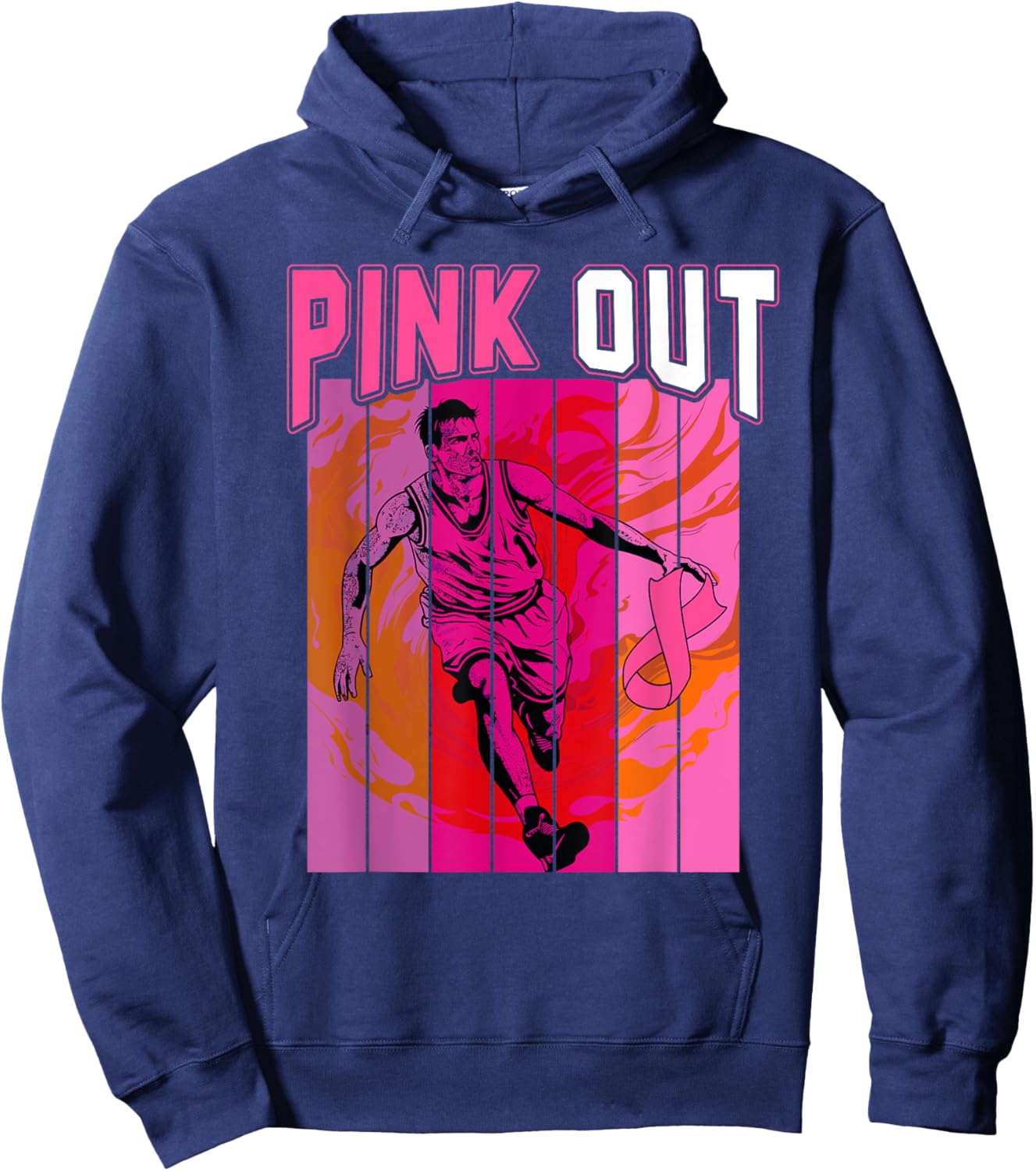 Retro Pink Out Breast Cancer Basketball Player & Pink Ribbon Hoodie - Hoodie | Navy