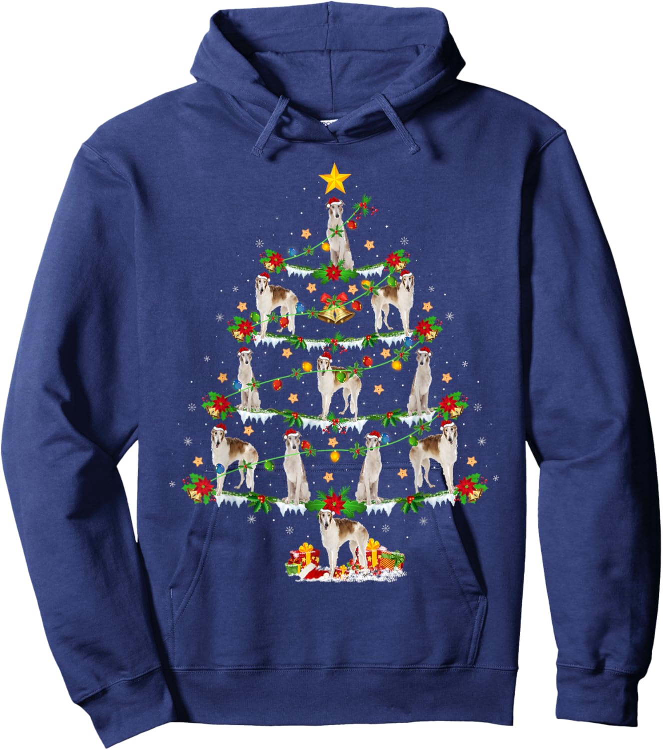 Borzoi Dog Xmas Lights Santa Borzoi Christmas Tree Women Kids Hoodie - Hoodie | Navy