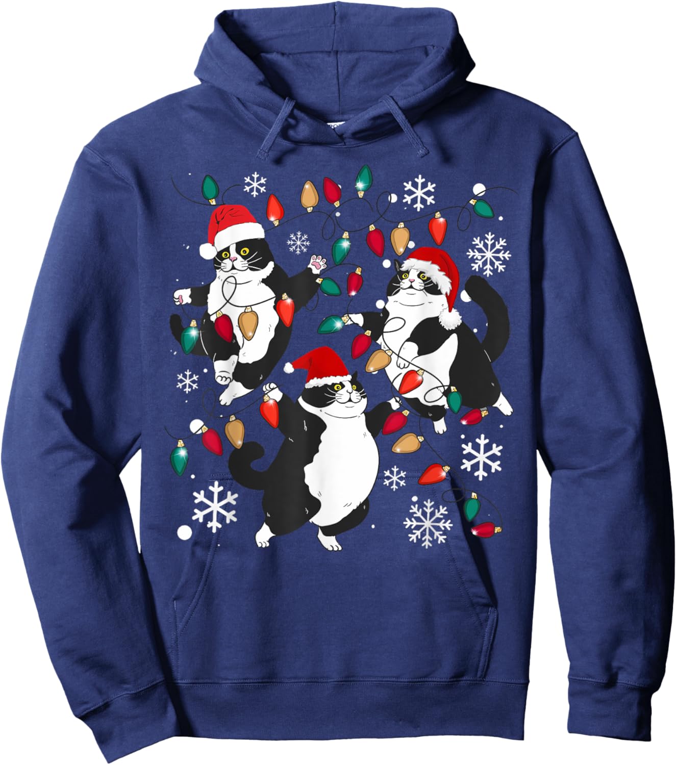Tuxedo Cat Christmas Lights Meow Santa Xmas Pajama Cat Lover Women Kids Hoodie - Hoodie | Navy