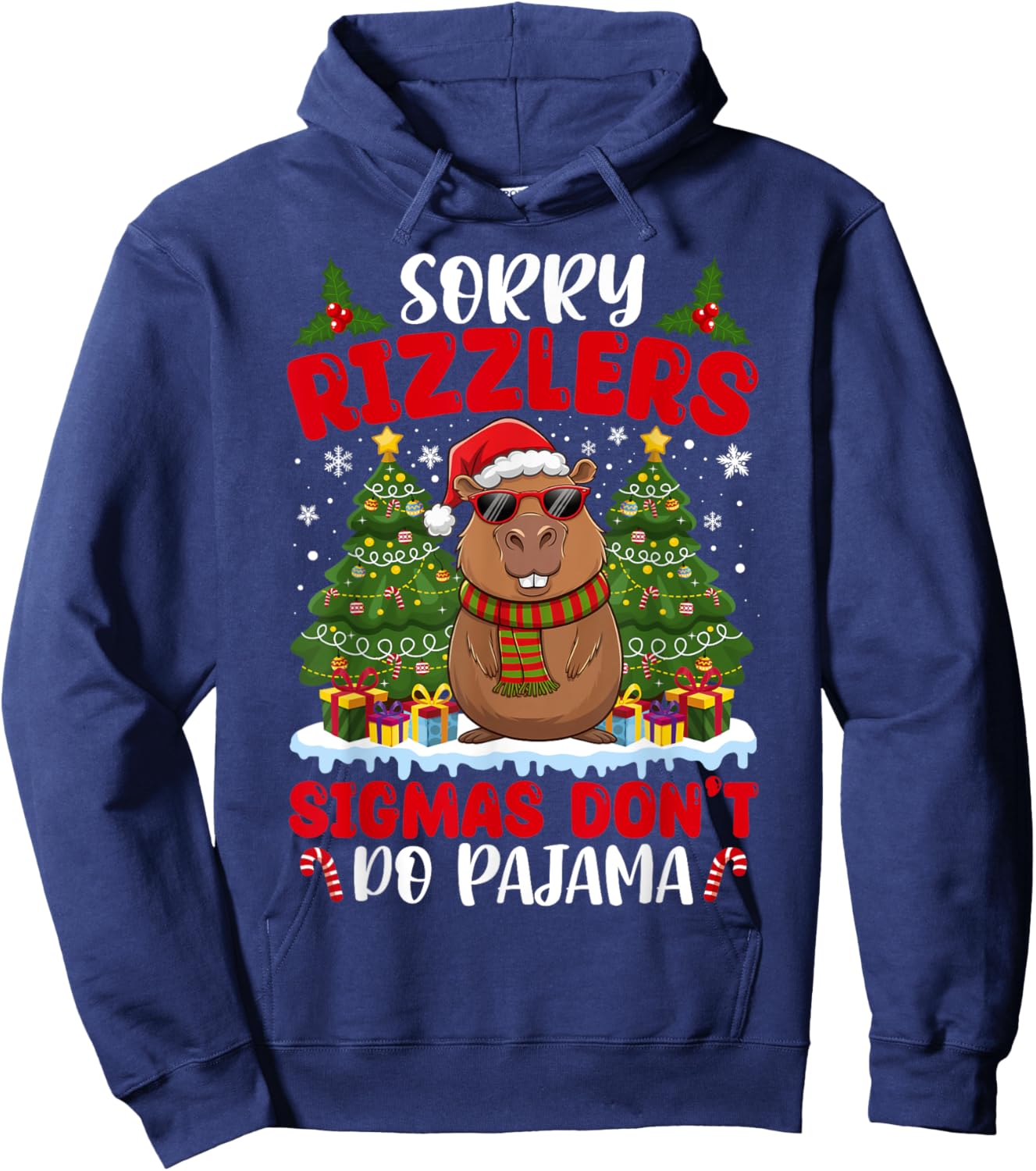 Sigmas Don't Do Pajamas Funny Gen Alpha Christmas Capybara Hoodie - Hoodie | Navy