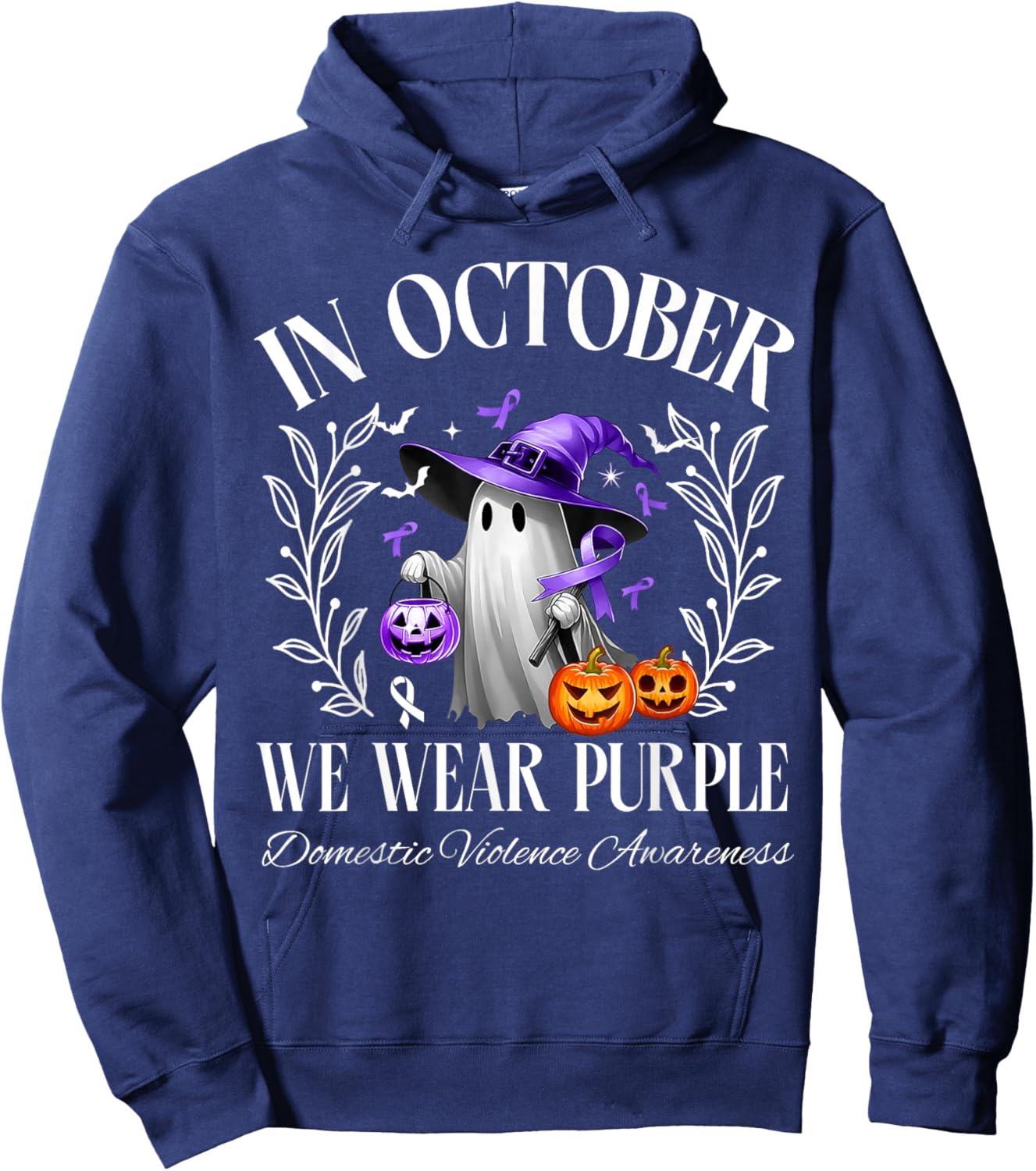 In October We Wear Purple Domestic Violence Ghost Halloween Hoodie - Hoodie | Navy