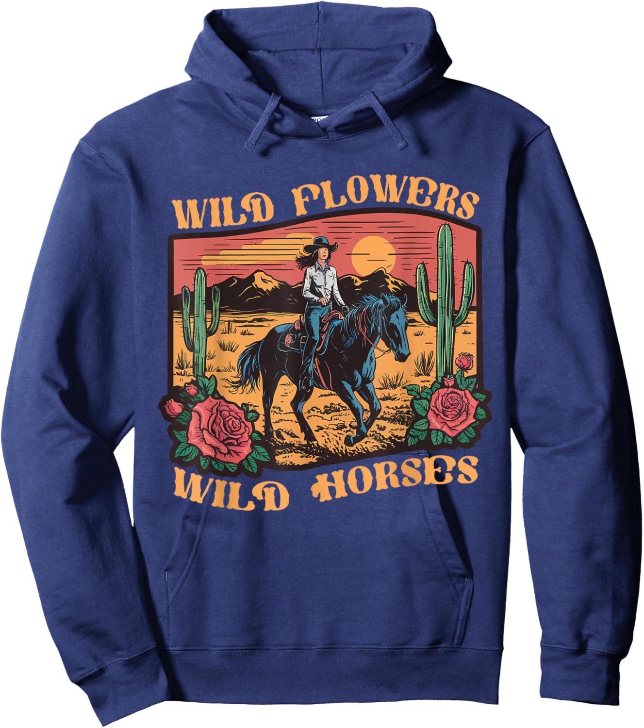 Vintage Sunset Cowgirl Riding Horse Wildflowers Women Girls Hoodie - Hoodie | Navy