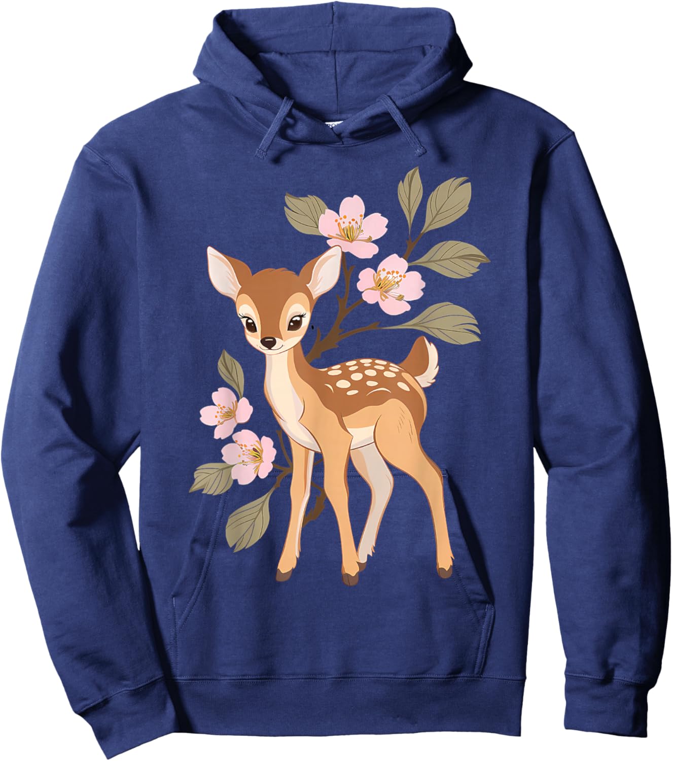Cute Kawaii Japanese Graphic Deer Sakura Cherry Blossom Hoodie - Hoodie | Navy