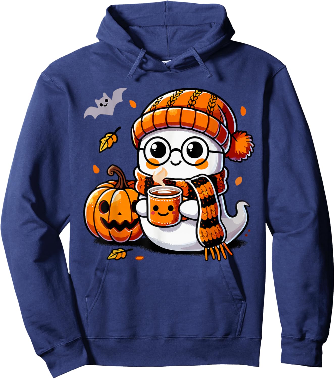 Ghost Drinking Coffee & Tea, Cute Halloween Kawaii Hoodie - Hoodie | Navy