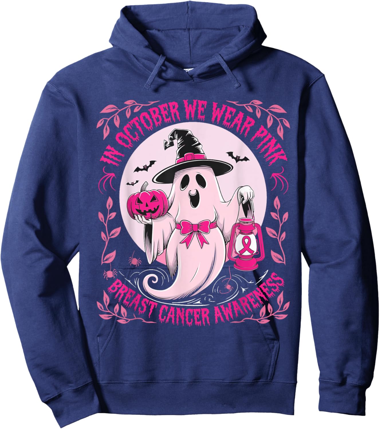 October We Wear Pink Ghost Halloween Pumpkins Breast Cancer Hoodie - Hoodie | Navy