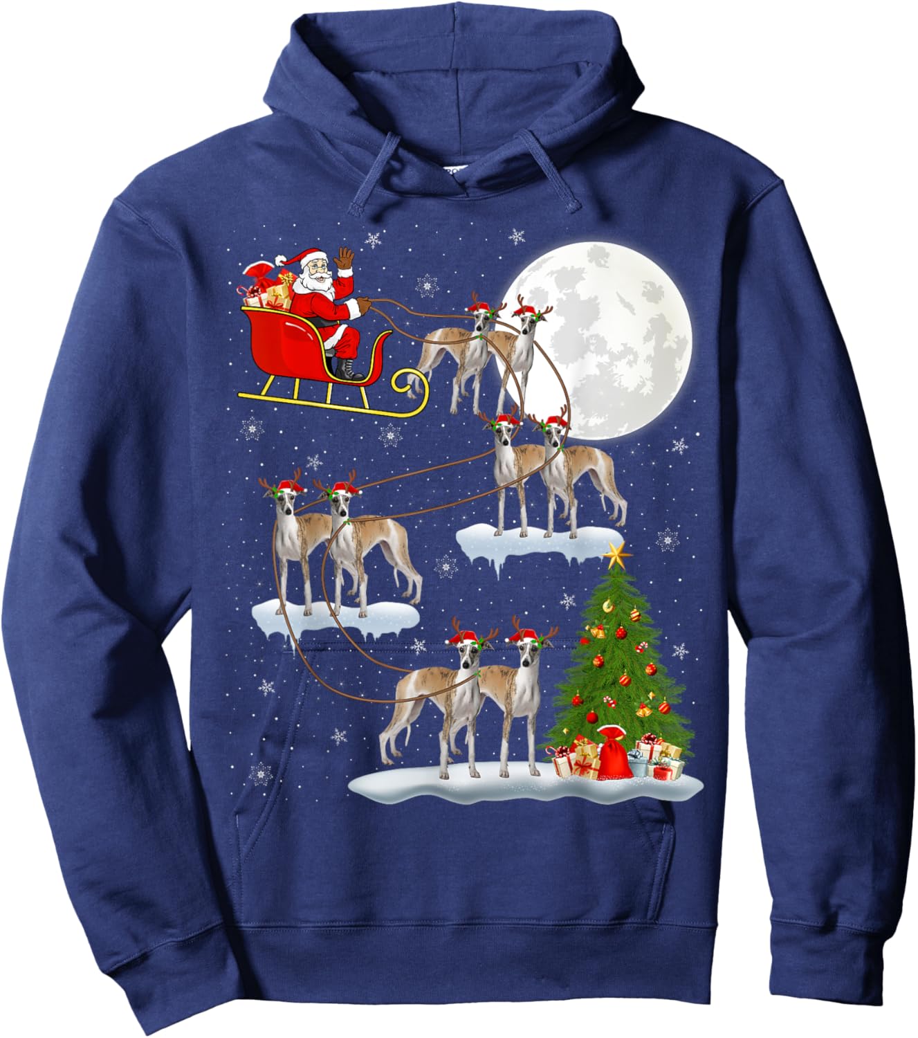 Xmas Tree Lights Funny Santa Riding Whippet Dog Christmas Hoodie - Hoodie | Navy