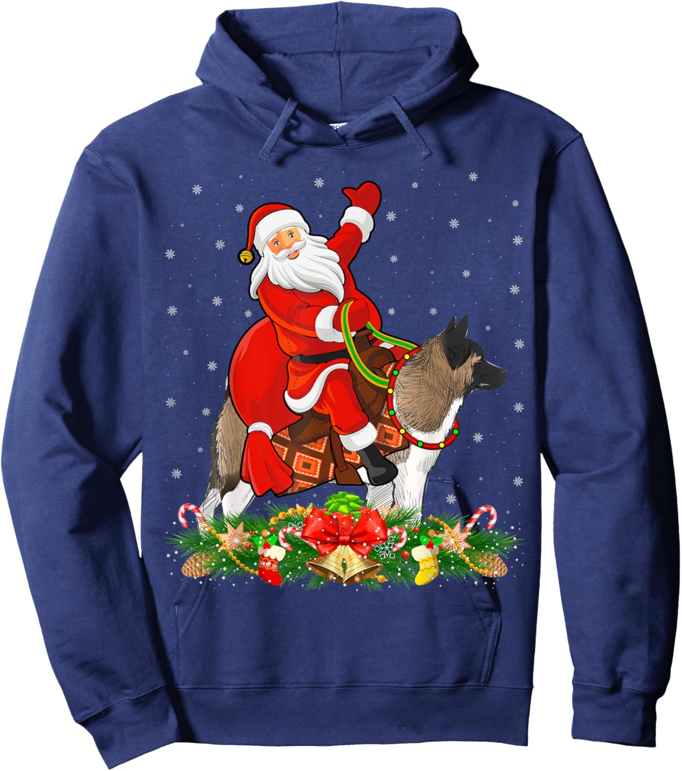 Xmas Decor Funny Santa Riding Akita Dog Christmas Hoodie - Hoodie | Navy
