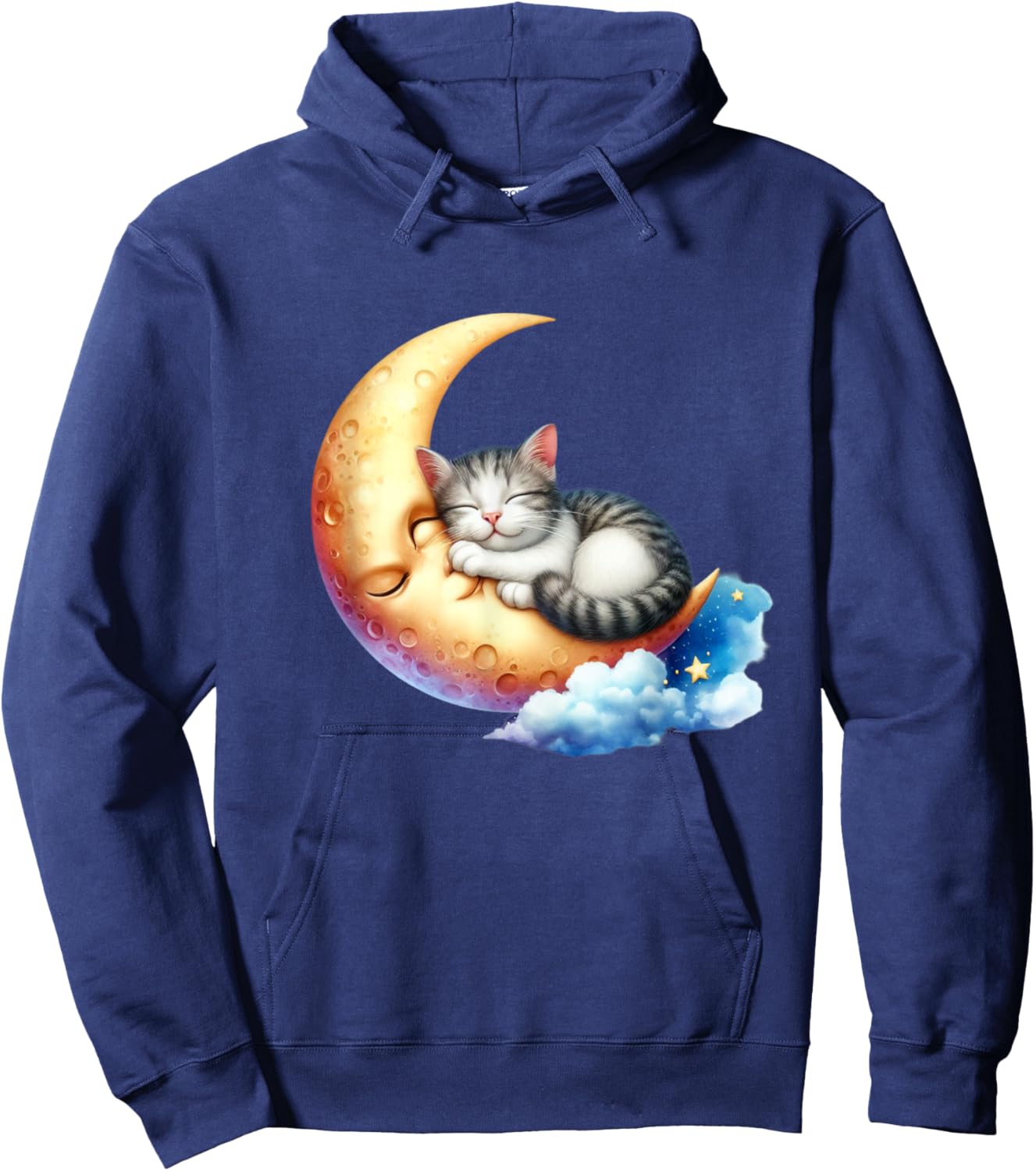 Cute Cat Sleeping on Moon – Adorable Night Sky Hoodie - Hoodie | Navy